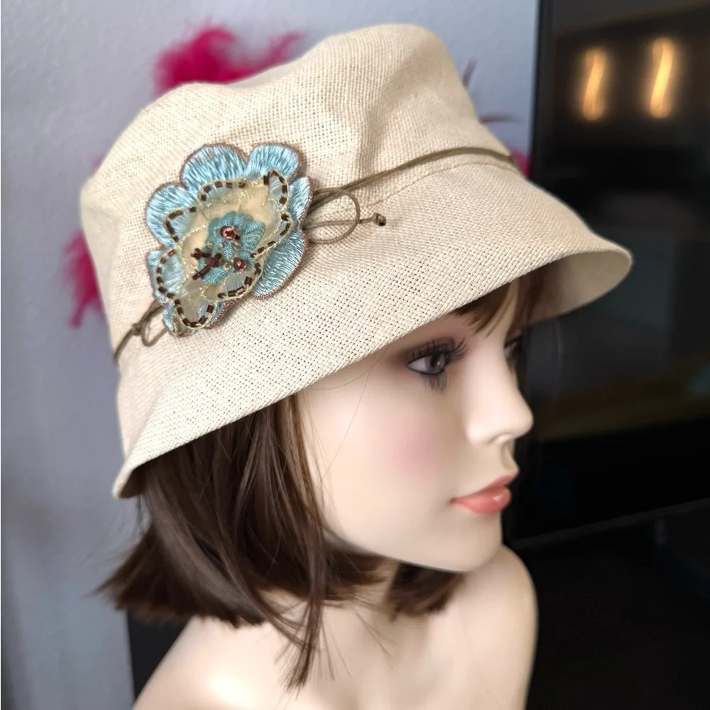 Coldwater Creek Bucket Hat with Blue Floral Accent